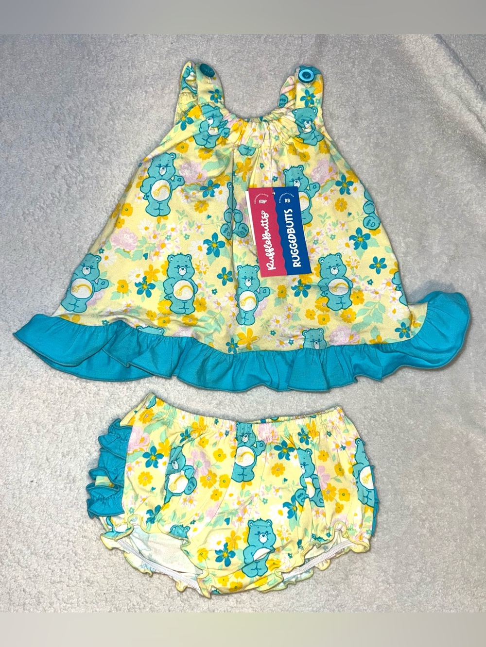 Care Bears x RuffleButts "Banana Floral" Ruffled Dress & Bloomer Set, 12-18m NWT